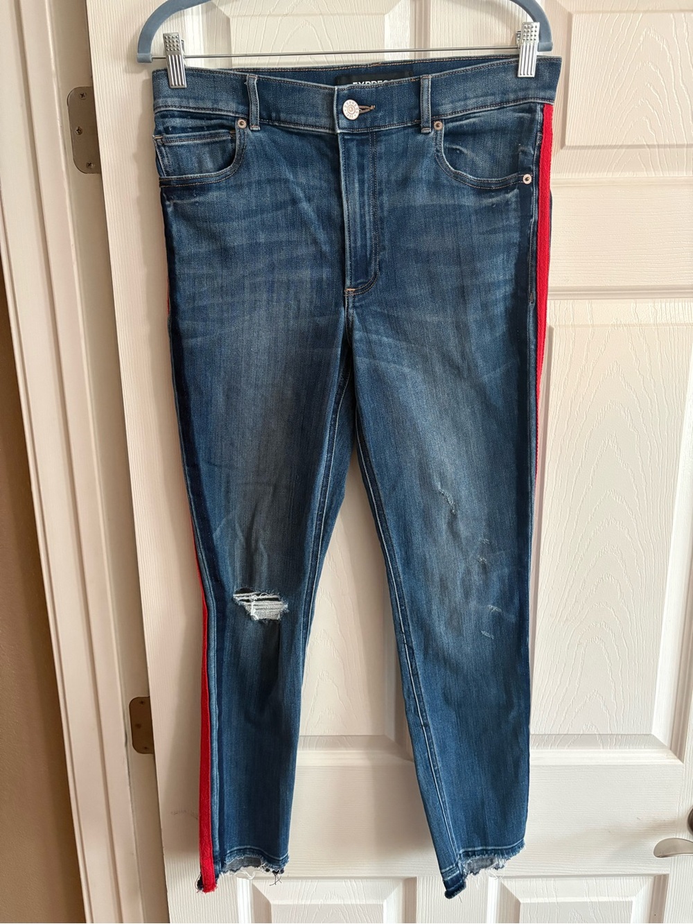 Express ankle legging high rise jeans red stripe distressed women's size 10